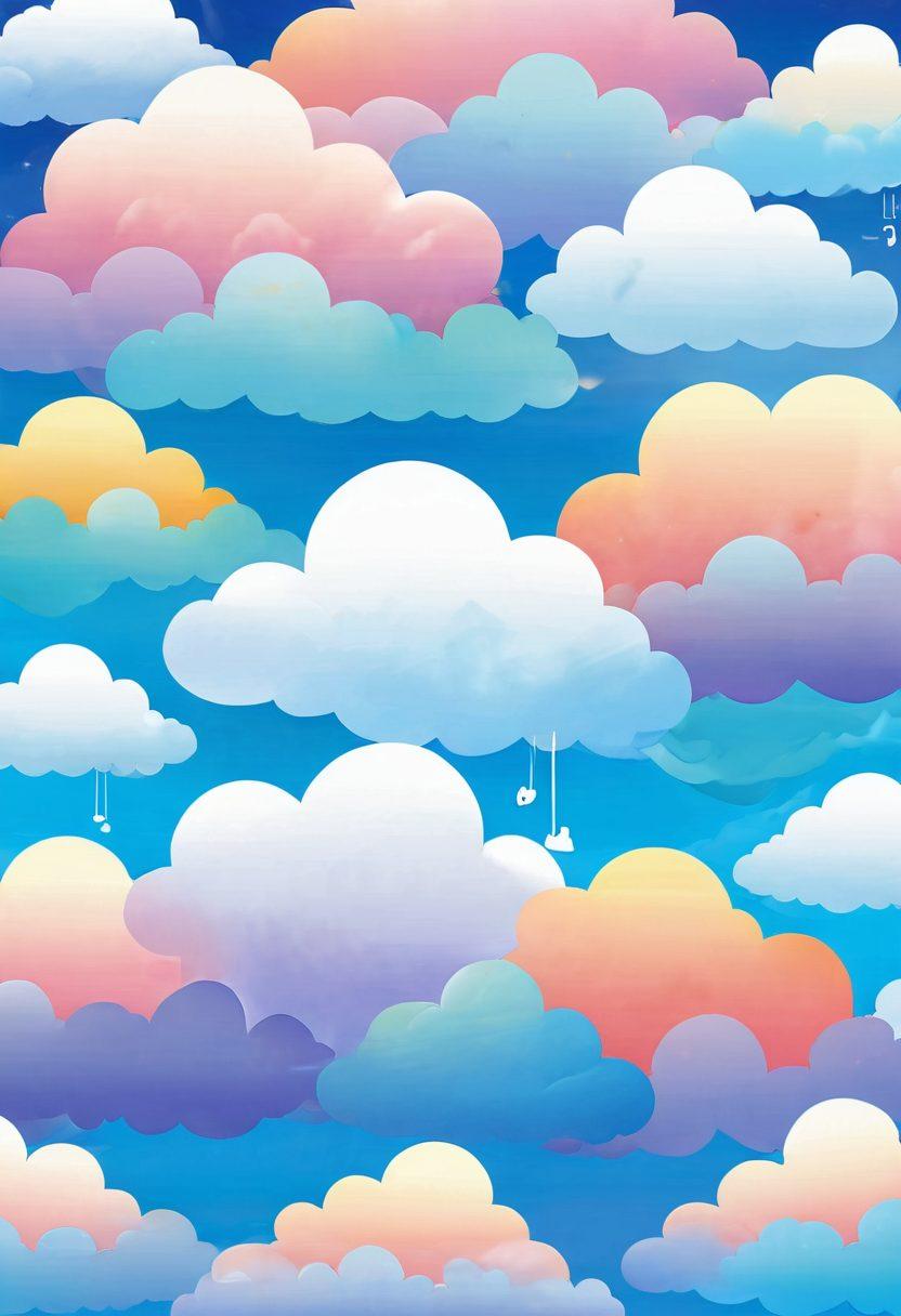 A serene cloudscape with fluffy, vibrant clouds symbolizing fast and secure file uploads. Incorporate whimsical elements like cheerful files with smiling faces floating up, surrounded by digital locks representing security. Bright sunlight breaking through the clouds, casting a warm glow, hinting at an elevated experience. Use a gradient of blues and whites for the sky, with playful cartoon-like designs. vector art. vibrant colors.