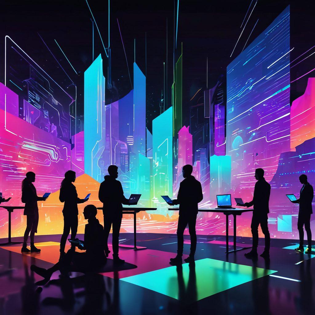 A futuristic digital landscape showcasing people in diverse settings joyfully sharing and uploading files on various devices, with glowing holographic interfaces displaying upload progress. Colorful, energetic graphics represent data flowing seamlessly, symbolizing superior technological solutions. Incorporate elements of teamwork and connection, like hands reaching towards each other, emphasizing collaboration. Bright and cheerful colors to evoke joy. cyberpunk style. vibrant colors.