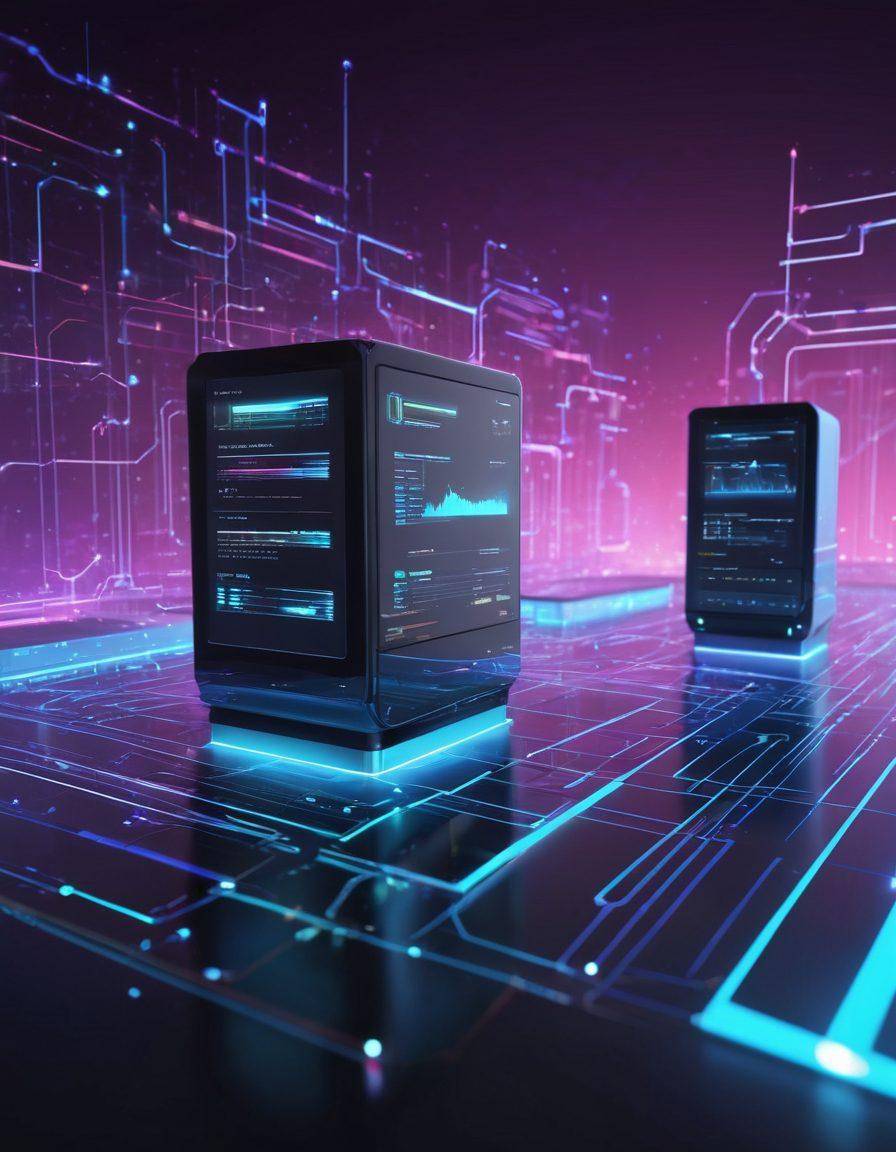 A futuristic digital landscape with sleek, glowing upload icons and seamless data streams flowing between devices, showcasing the concept of fast file transfers. Incorporate elements like a holographic interface displaying real-time file statistics and futuristic servers in the background. Use vibrant colors to emphasize a sense of innovation and progress. tech-inspired aesthetic. 3D.